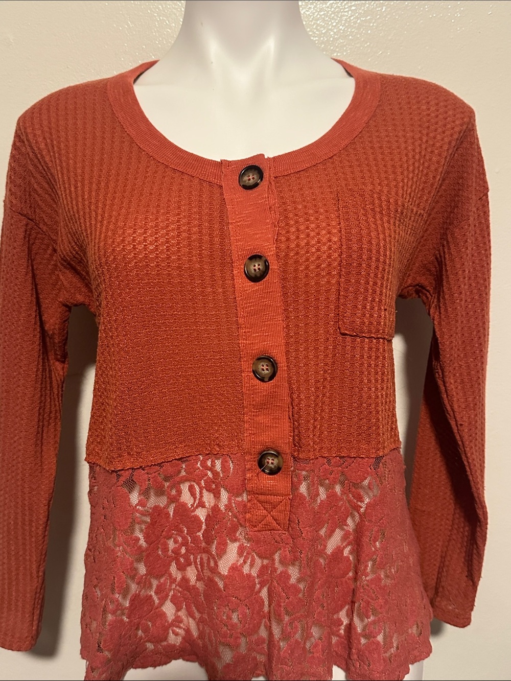 Women's Rust Waffle-Knit Button-Front Top with Lace Hem